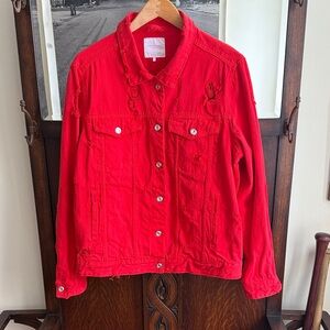 Zara distressed Vibrant Red Denim Jacket Sz medium